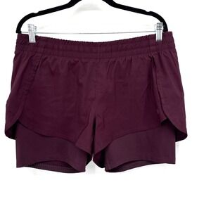 ATHLETA Racer Run 2 in 1 Running Shorts Large Compression Liner Maroon Pocket